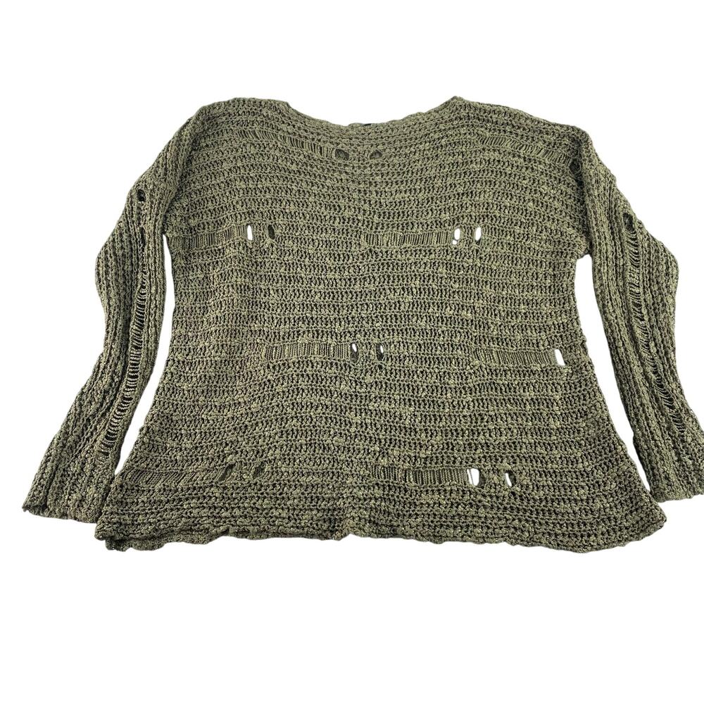 Millau olive green open knit distressed pull over sweater size Small 100% Cotton